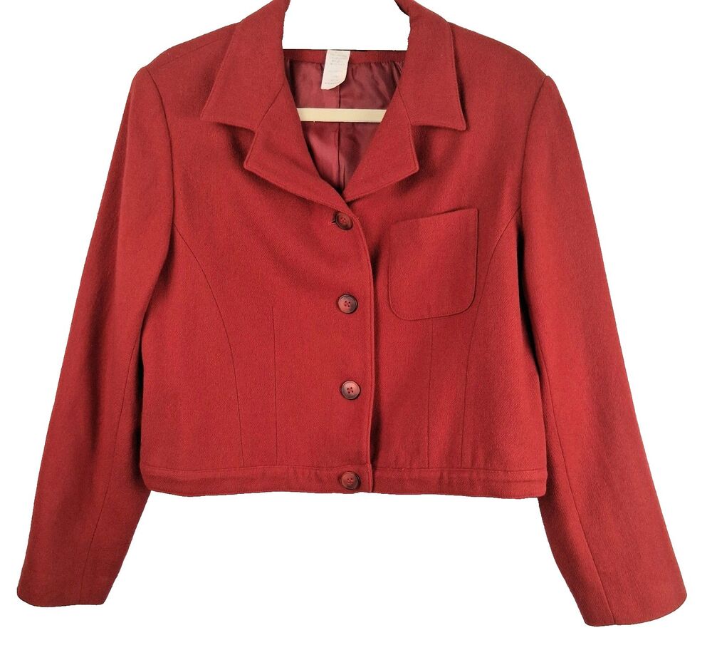 Savannah Women's Vintage Red Pure Wool Collared Crop Blazer Jacket Sz 8